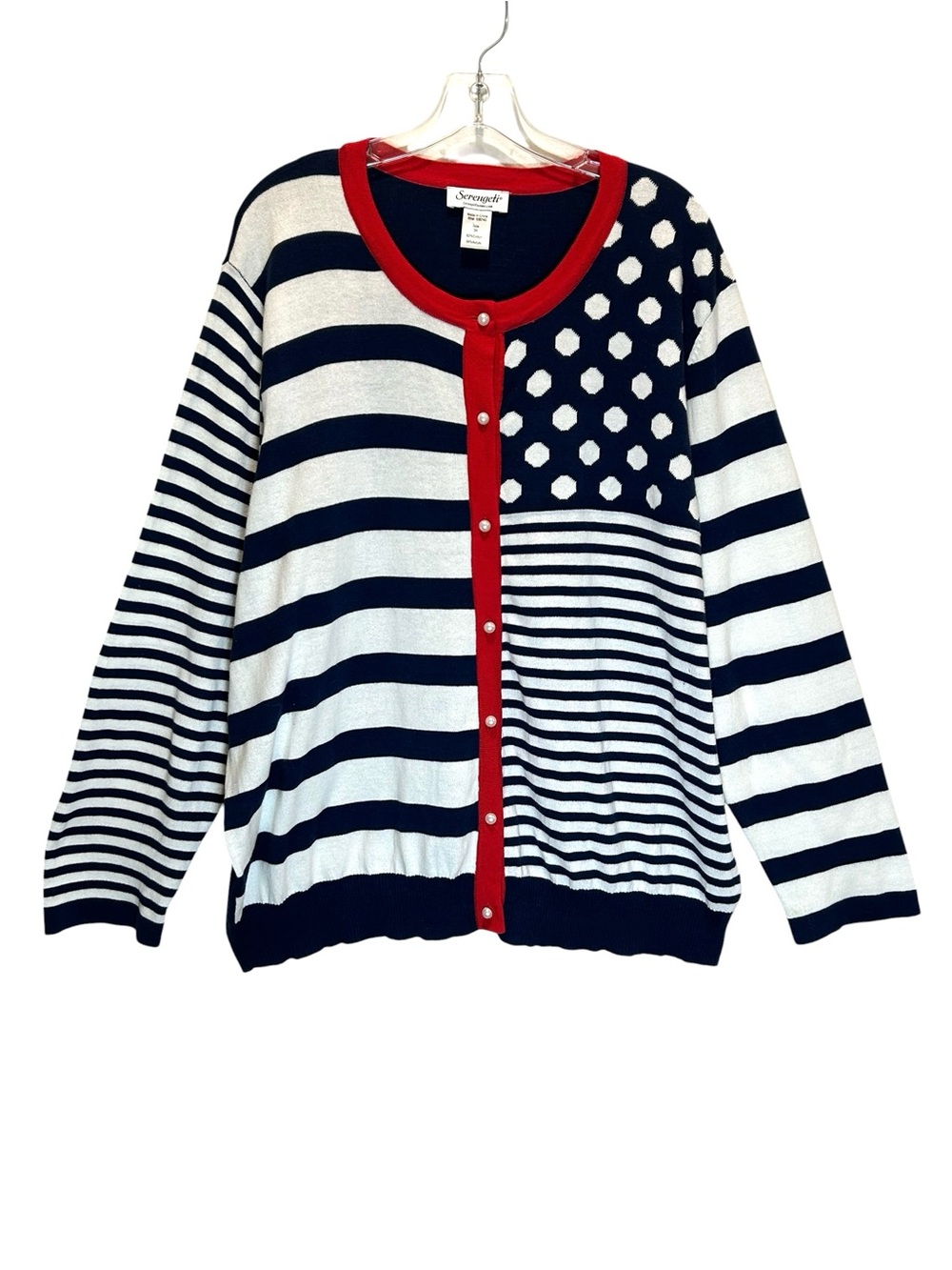 Serengeti Red, White, Blue Mixed Print Cotton Blend Cardigan Sweater - Size 1X